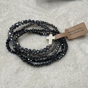 Beaded Bracelet Set of 5 Black Blue & Silver with a Cross Charm NWT Faith Gifts